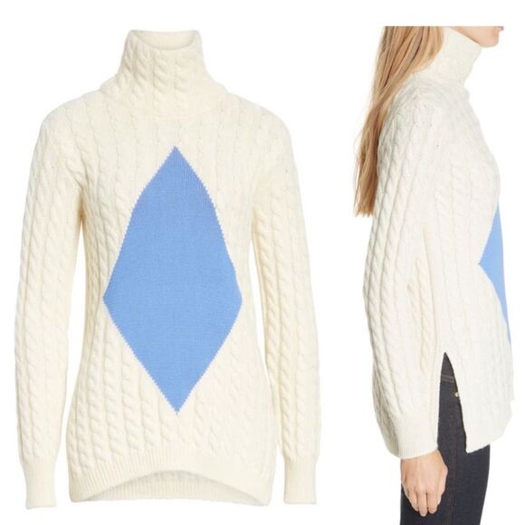 Tory Burch Sweater Nel Cable Knit Diamond Turtleneck Alpaca Wool in Cream Blue - Picture 7 of 15
